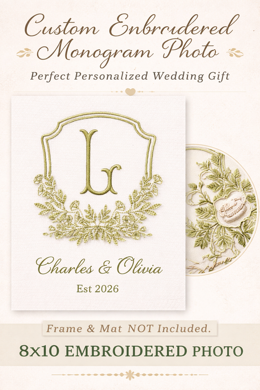 Custom Embroidered Monogram Frame – Personalized Wedding Gift – 8x10 Crest with Names & Wedding Date