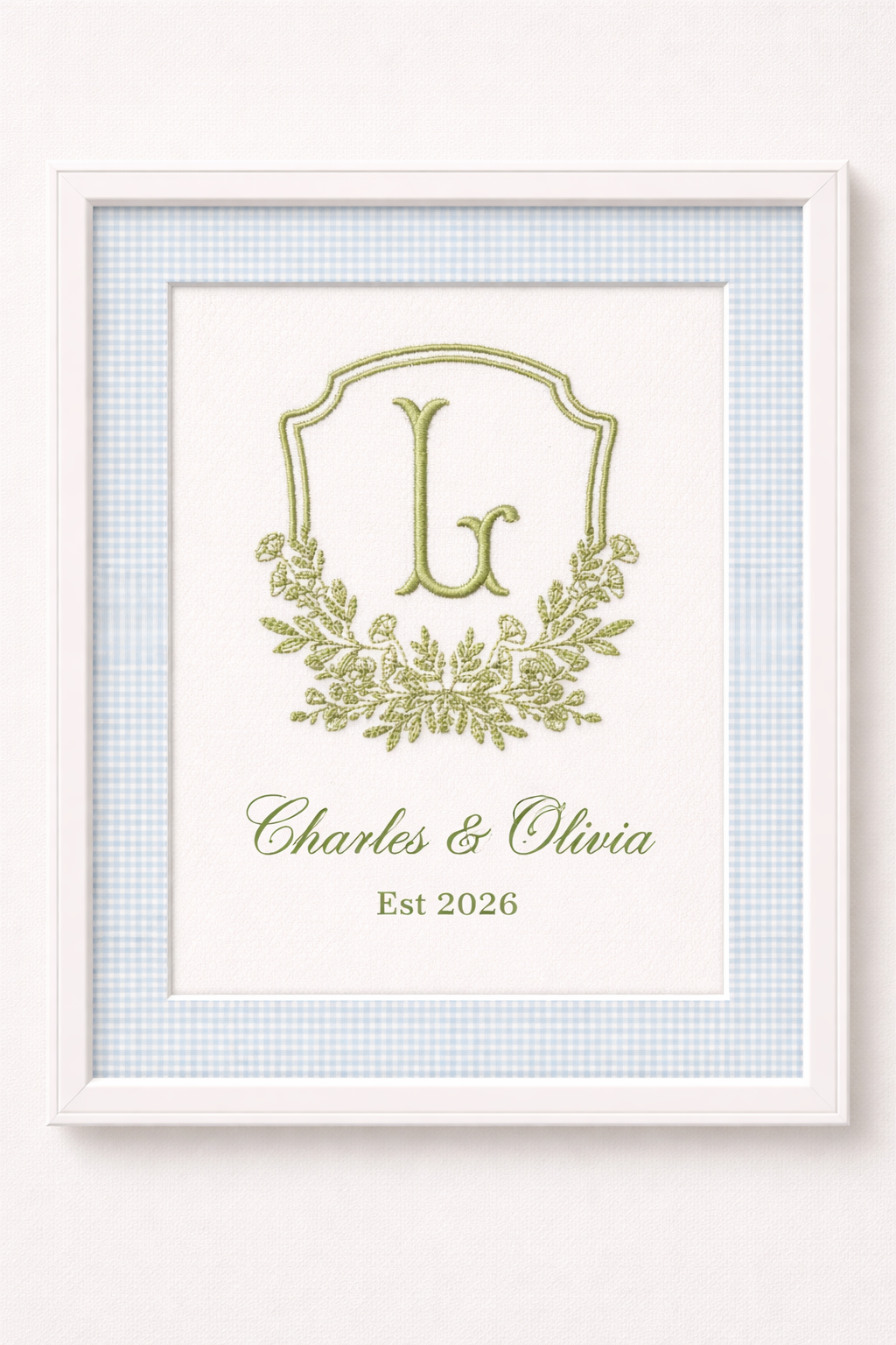 Custom Embroidered Monogram Frame – Personalized Wedding Gift – 8x10 Crest with Names & Wedding Date
