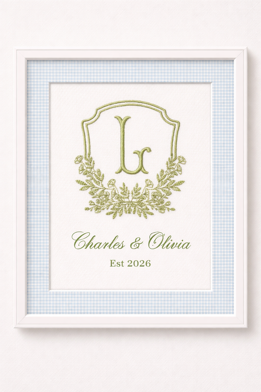 Custom Embroidered Monogram Frame – Personalized Wedding Gift – 8x10 Crest with Names & Wedding Date