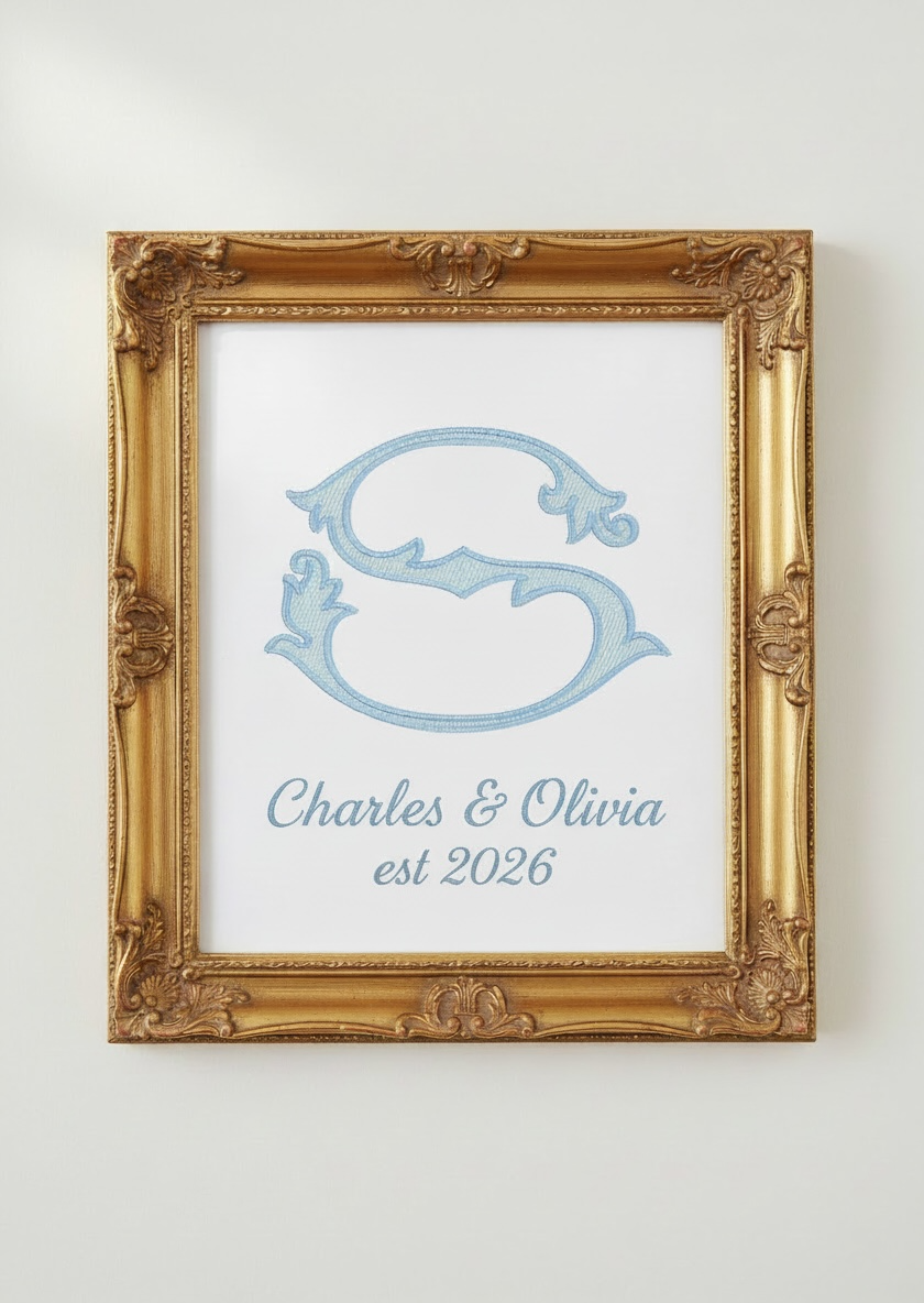 Custom Embroidered Monogram Frame – Personalized Wedding Gift – 8x10 Crest with Names & Wedding Date