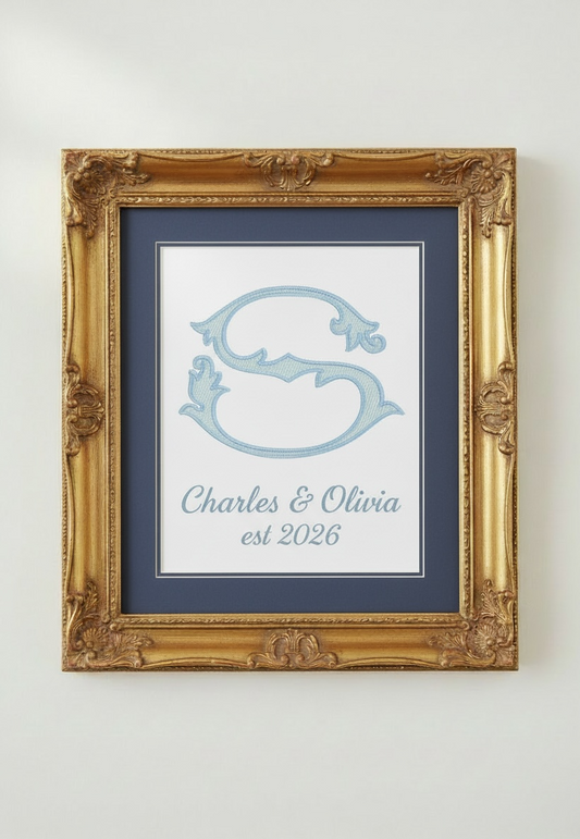 Custom Embroidered Monogram Frame – Personalized Wedding Gift – 8x10 Crest with Names & Wedding Date