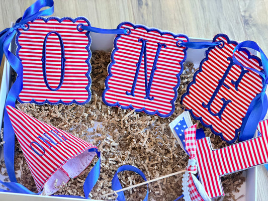 ONE birthday banner and bundle - Red, White and Blue